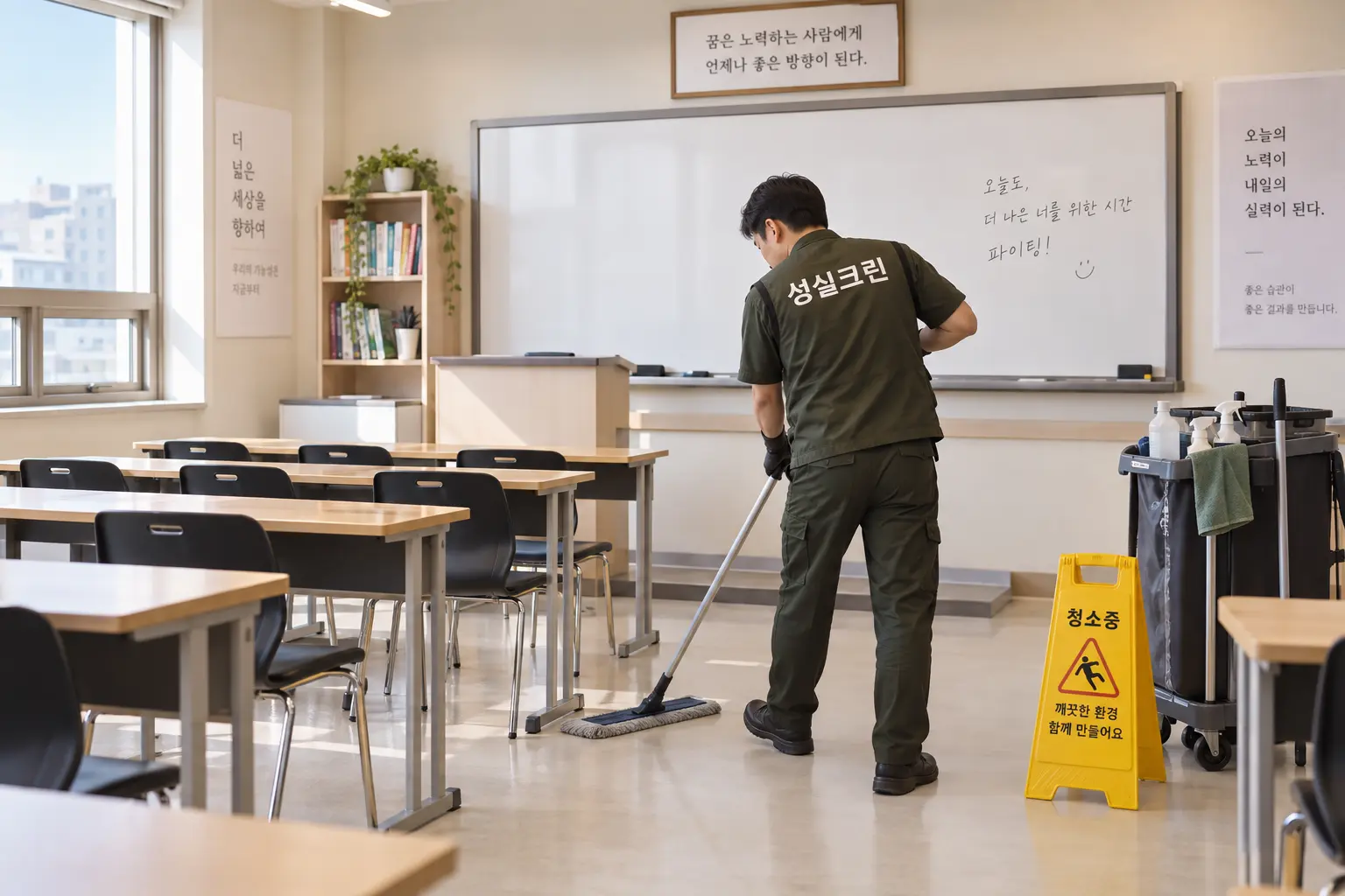 제주시 이도동 학원청소 현장에서 책상과 칠판이 배치된 강의실의 바닥 먼지를 수업 전후로 정리하는 장면