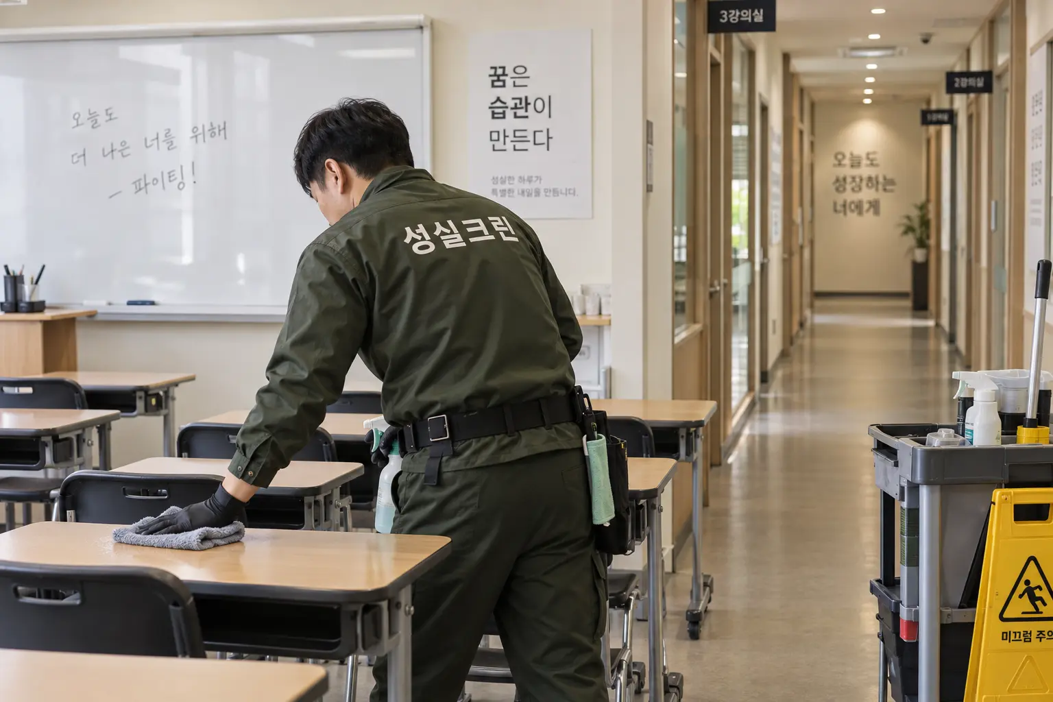 합천군 합천읍 학원청소 현장에서 책상 상판과 의자 등 학생 손이 자주 닿는 부분을 닦아내는 장면
