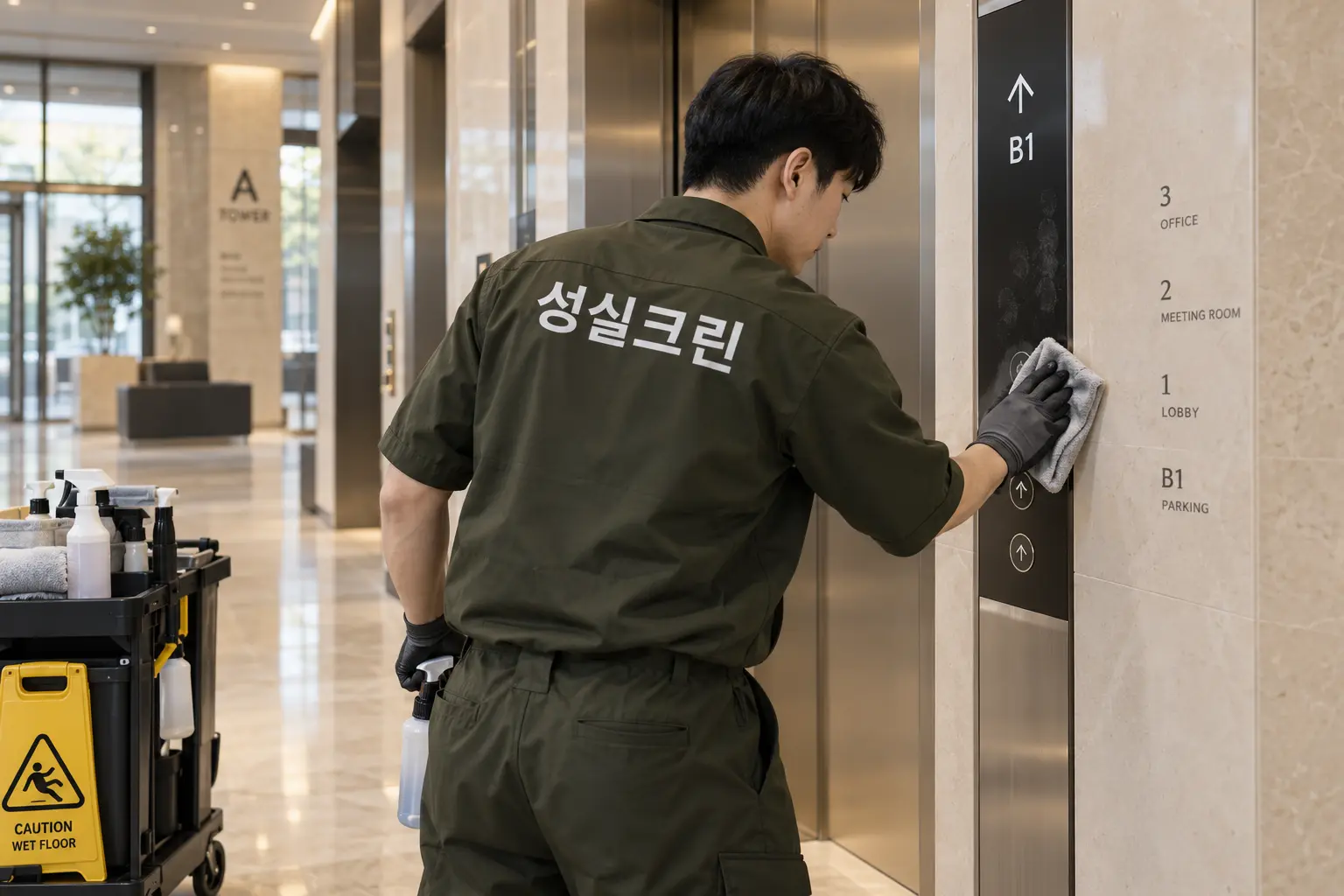 합천군 합천읍 건물청소 현장에서 승강기 문·버튼 주변과 로비 유리의 손자국을 세부 세척하는 장면