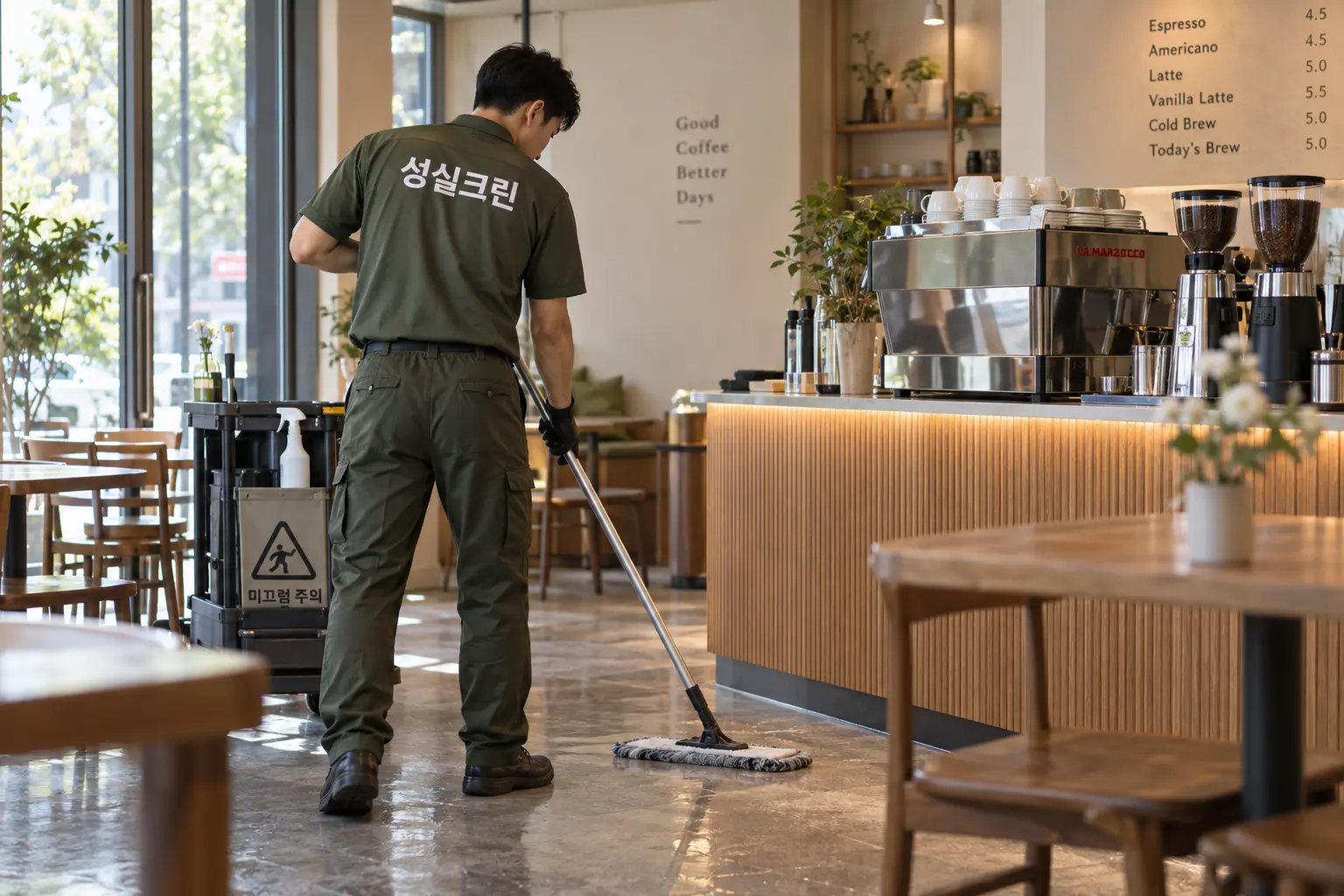 합천군 합천읍 카페청소 현장에서 에스프레소 머신 주변 작업대와 테이블의 커피 얼룩을 닦는 장면
