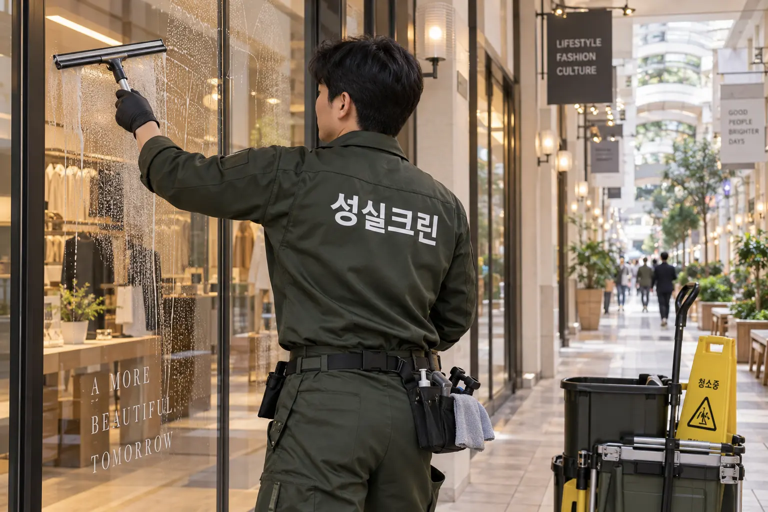 합천군 합천읍 상가청소 현장에서 점포 전면 유리와 손잡이에 남은 손자국·먼지를 유리 전용 도구로 닦는 장면