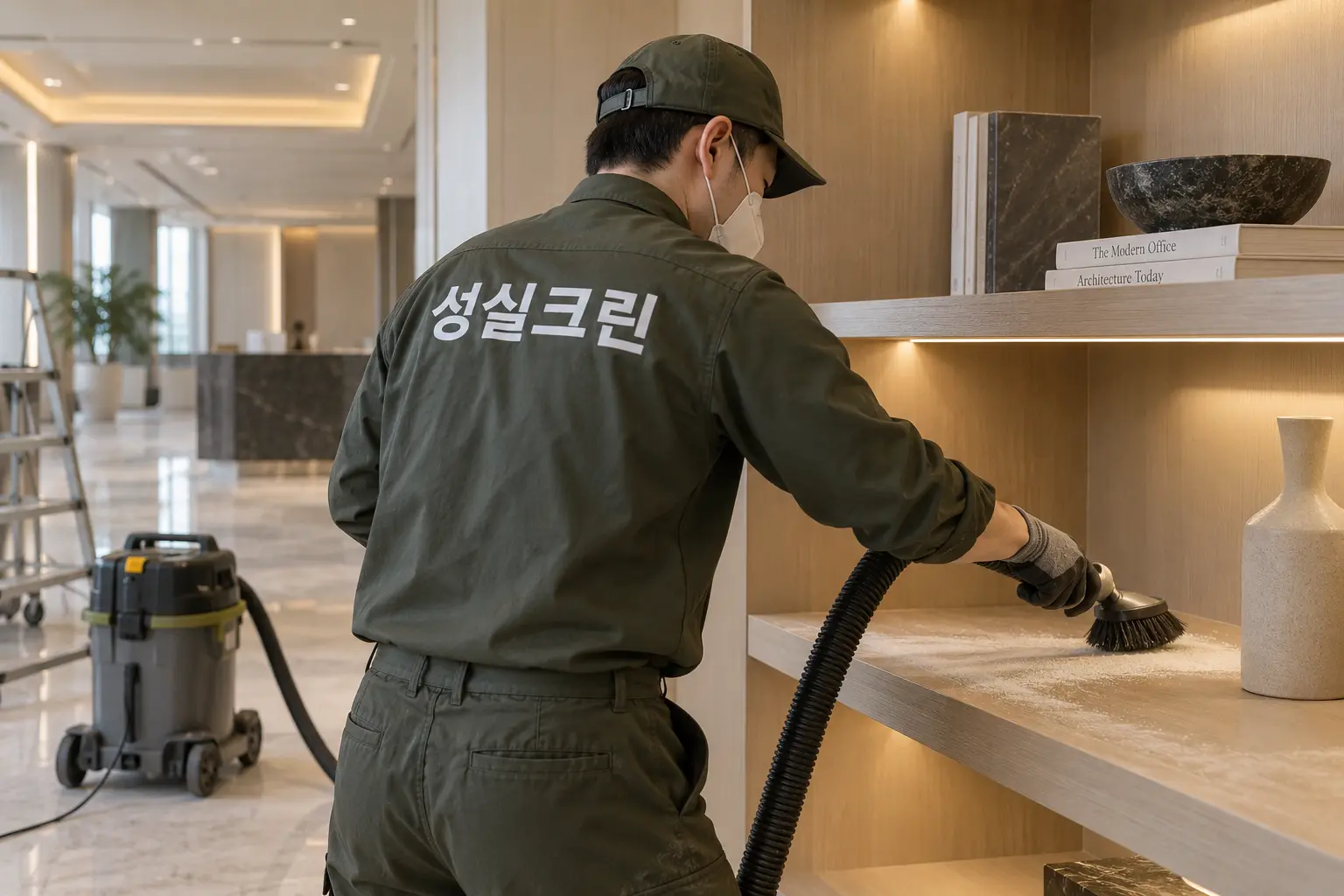 안동시 준공청소 현장에서 수납장 안쪽·창틀·몰딩 위에 쌓인 공사먼지를 세부적으로 닦는 장면