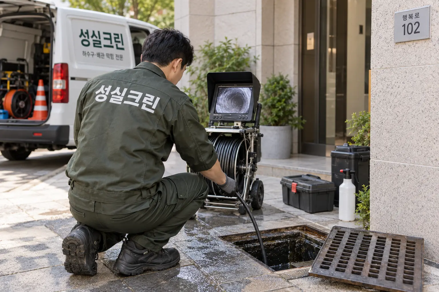 안동시 배수관막힘 역류 하수구청소 현장에서 통수 상태를 시험한 뒤 역류 주변의 오염수와 바닥을 세척하는 장면