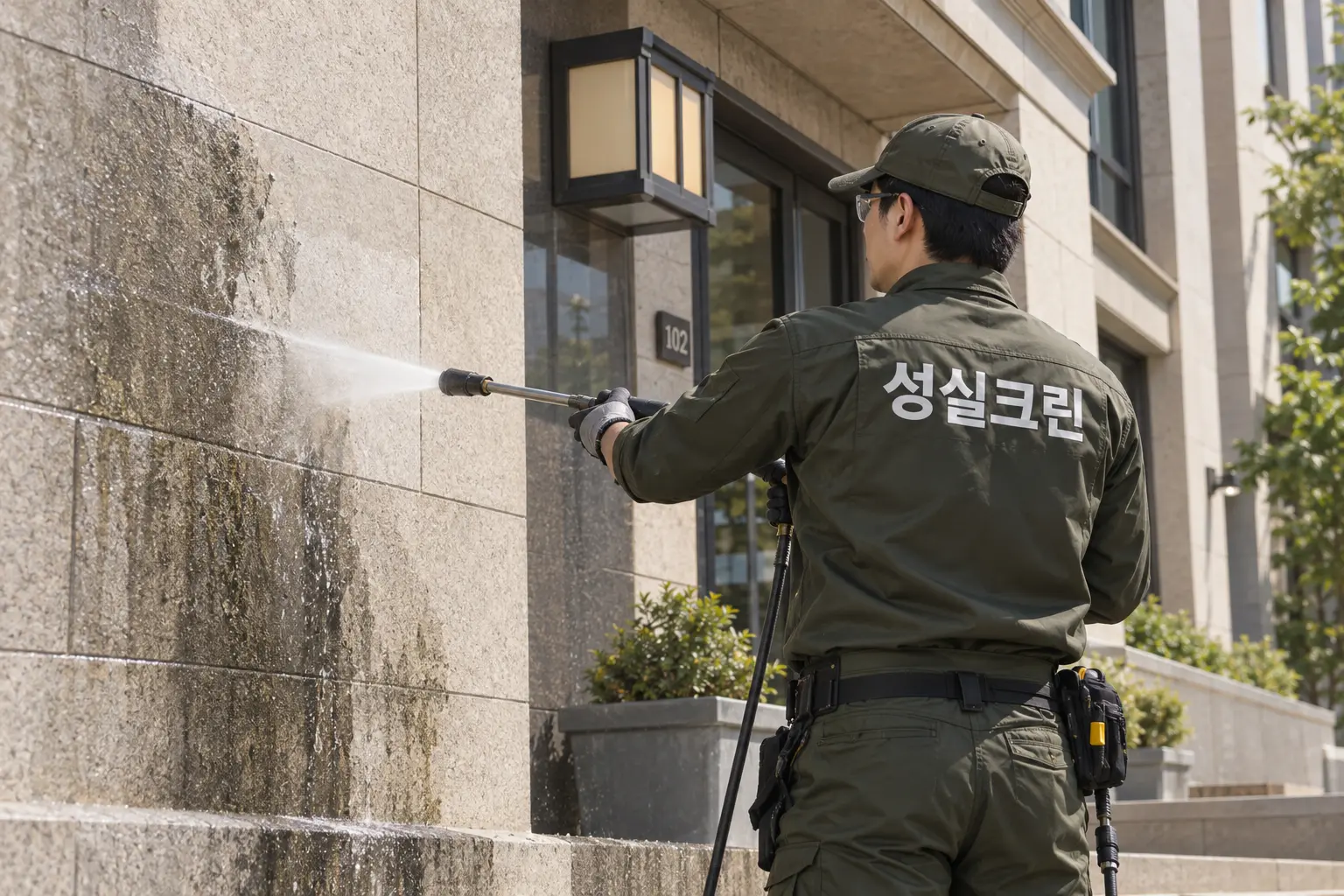 청도군 건물외벽청소 현장에서 석재·타일 틈과 벽면의 빗물자국을 소재에 맞춰 제거하는 장면