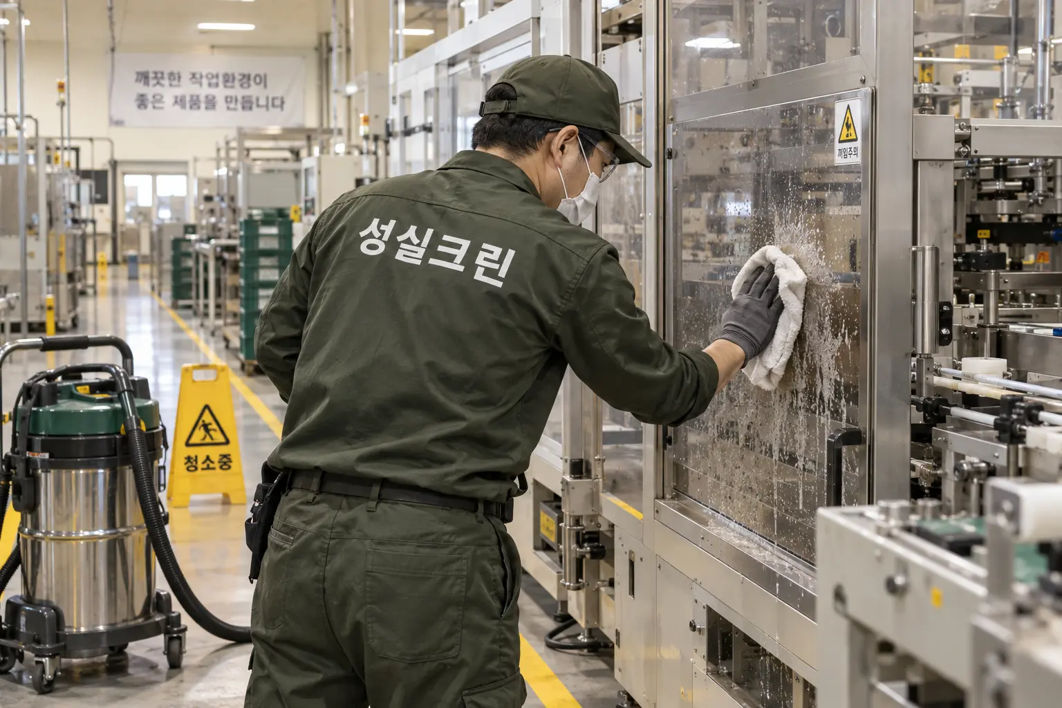 합천군 합천읍 공장청소 현장에서 기계 외부와 안전펜스 주변에 쌓인 먼지를 설비에 무리가 없도록 닦는 장면