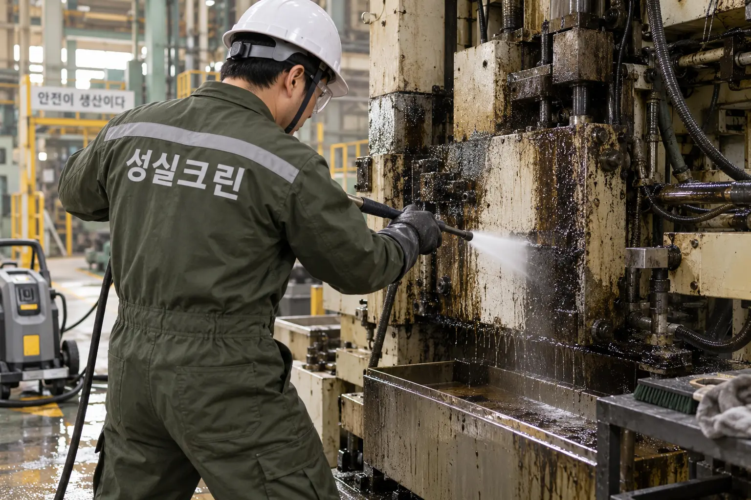 제주 공장기름때청소 현장에서 기계 외부에 고착된 기름때를 전용 약제와 수작업 도구로 제거하는 장면