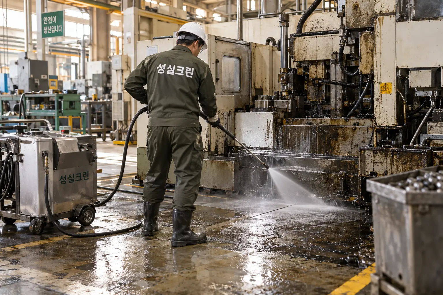 제주 공장기름때청소 현장에서 바닥의 유분을 산업용 장비로 세척·회수해 미끄럼 위험을 줄이는 장면