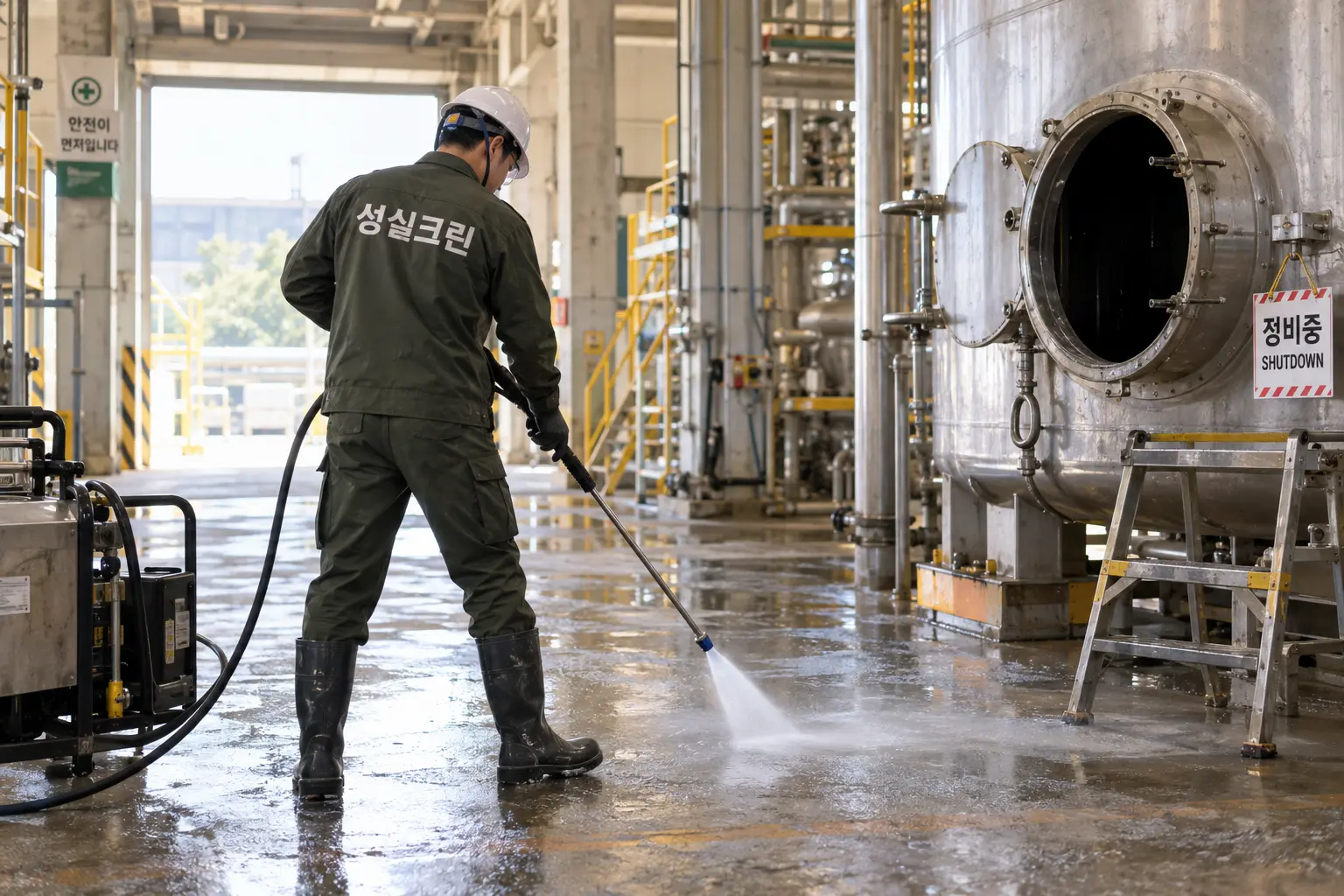 광양시 공장청소 현장에서 공장 가동 중단 시간에 생산동 전체 오염을 집중 제거하는 장면