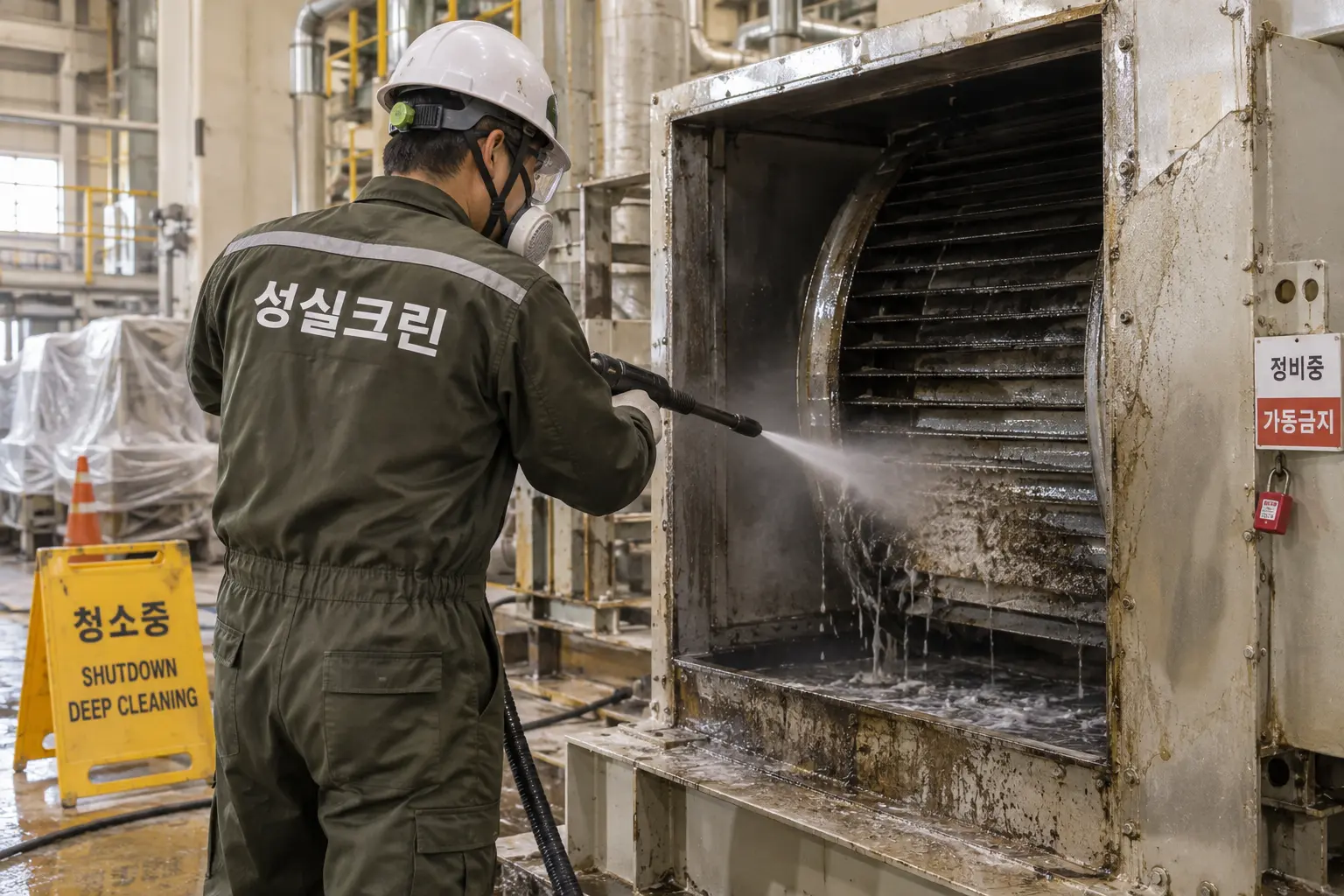 제주 공장청소 현장에서 설비 주변과 작업대 외부의 고착 먼지·찌든 때를 세부 세척하는 장면