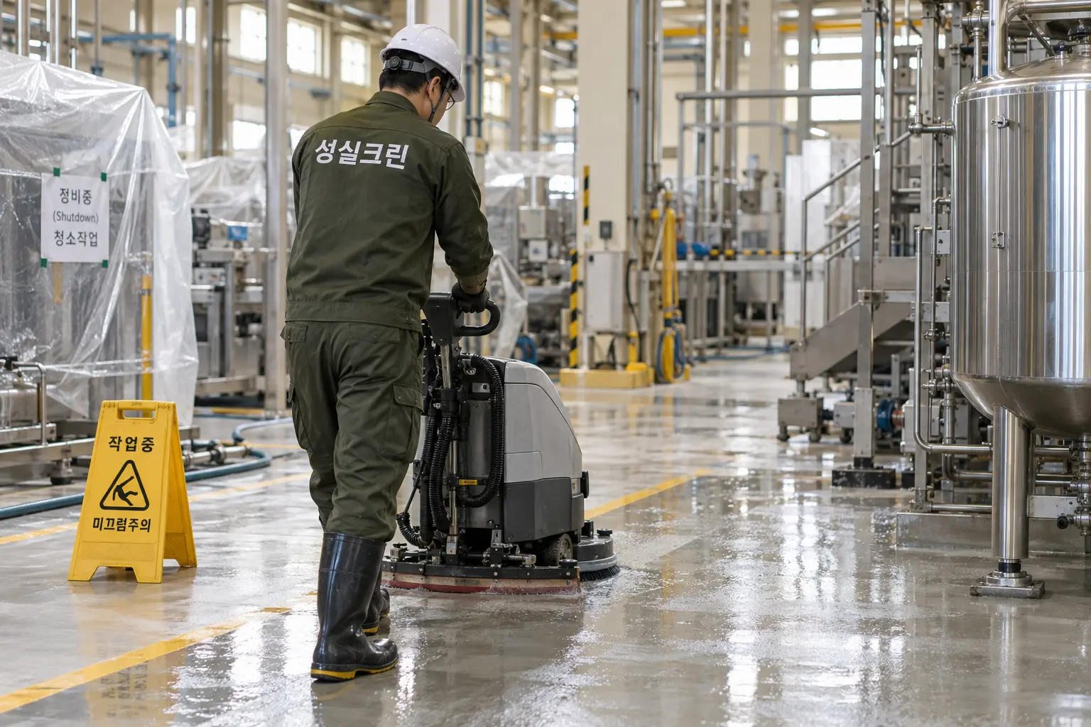 제주 공장청소 현장에서 산업용 장비로 통로와 바닥을 세척하고 재가동 전 안전상태를 확인하는 장면