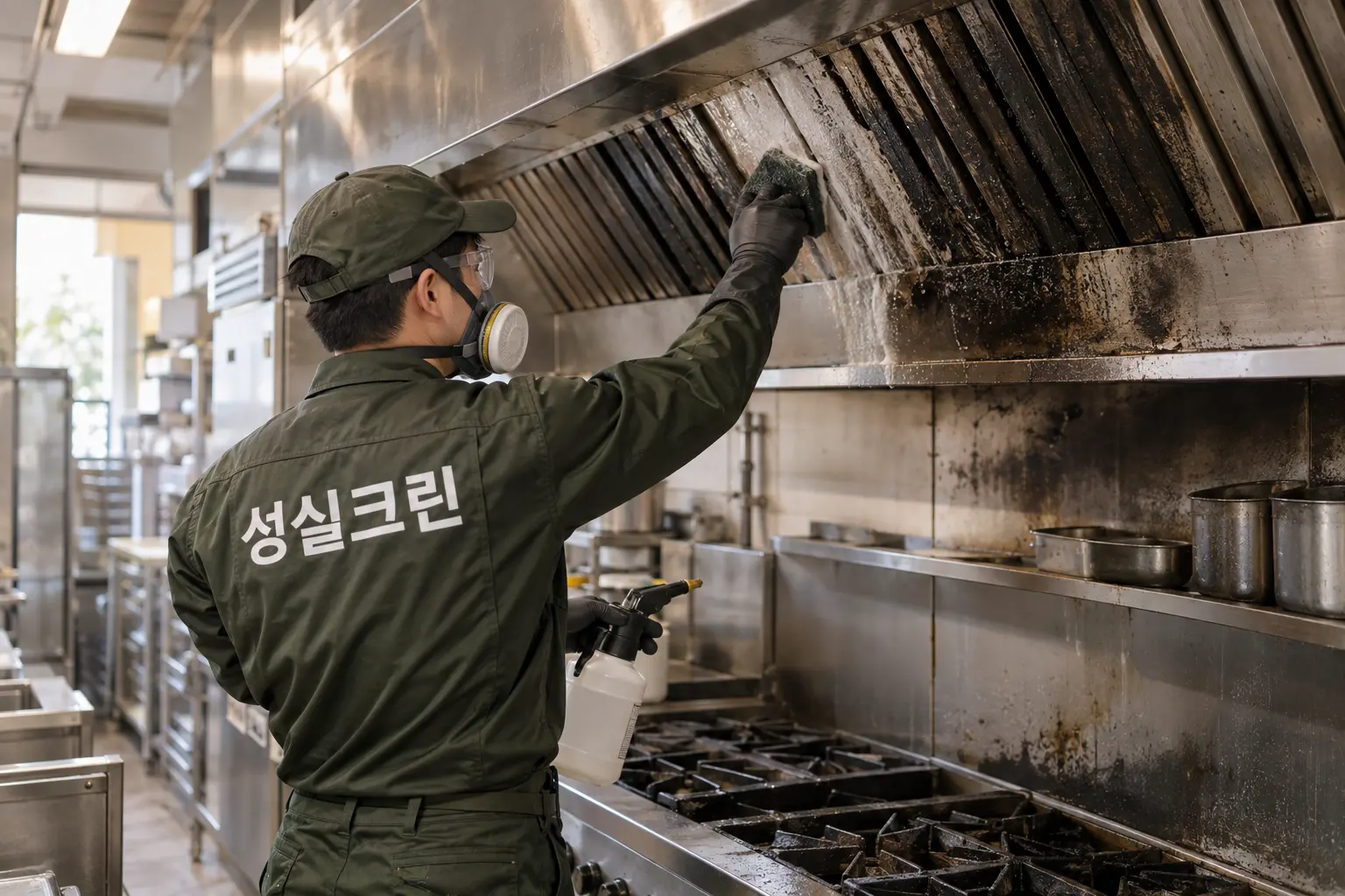 안동시 화재청소 현장에서 후드·벽면·스테인리스 표면에 붙은 검댕을 전용 약제로 닦는 장면