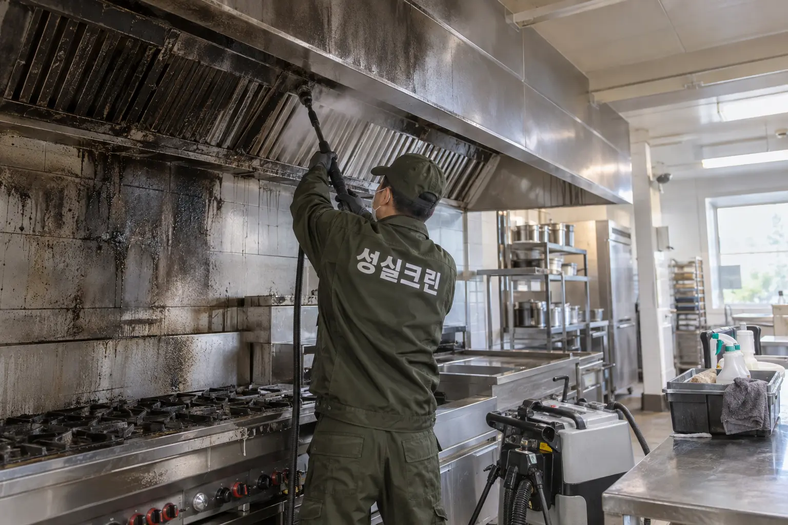 안동시 화재청소 현장에서 바닥과 설비 외부의 탄화 분진을 회수하고 잔여 그을음을 재확인하는 장면