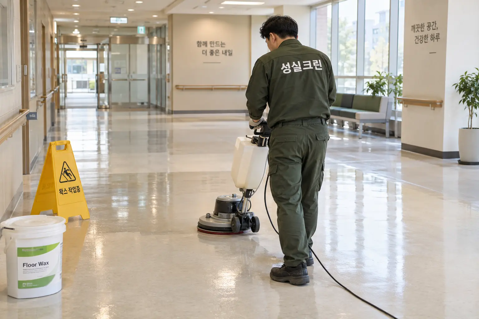 청도군 바닥왁스코팅 현장에서 건조 후 광택과 도막 상태를 확인해 통행 가능 시점을 안내하는 장면