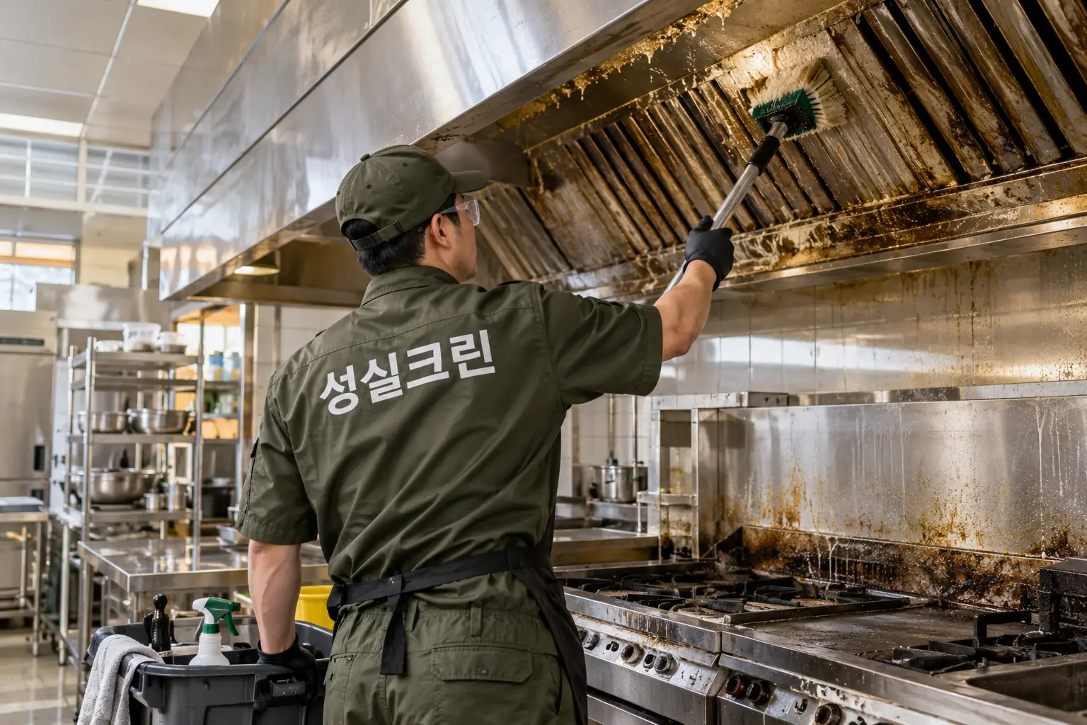 완도군 고금면 기름때청소 현장에서 기름때가 누적된 주방 후드와 벽면의 상태를 확인하는 장면