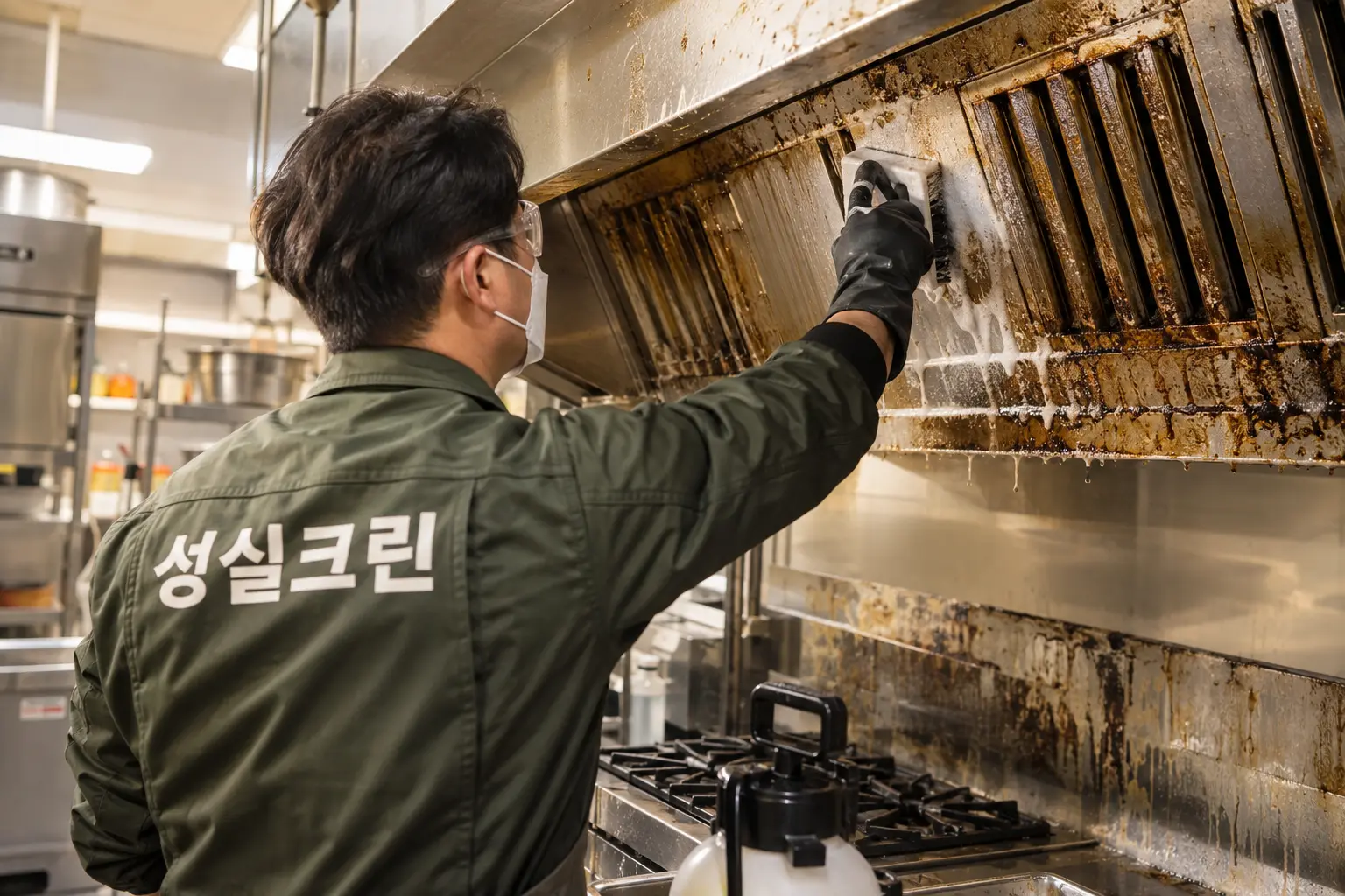 청도군 기름때청소 현장에서 눌어붙은 기름막을 전용 약제로 불린 뒤 스크러버로 분리하는 장면