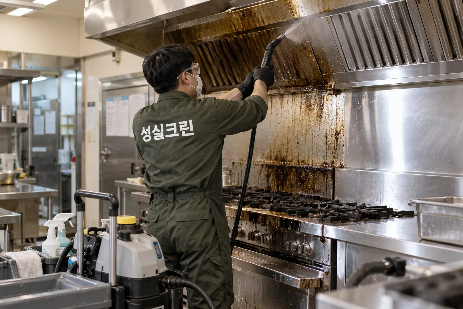 청도군 기름때청소 현장에서 작업대와 바닥에 남은 유분·약제를 세척하고 잔여 끈적임을 점검하는 장면