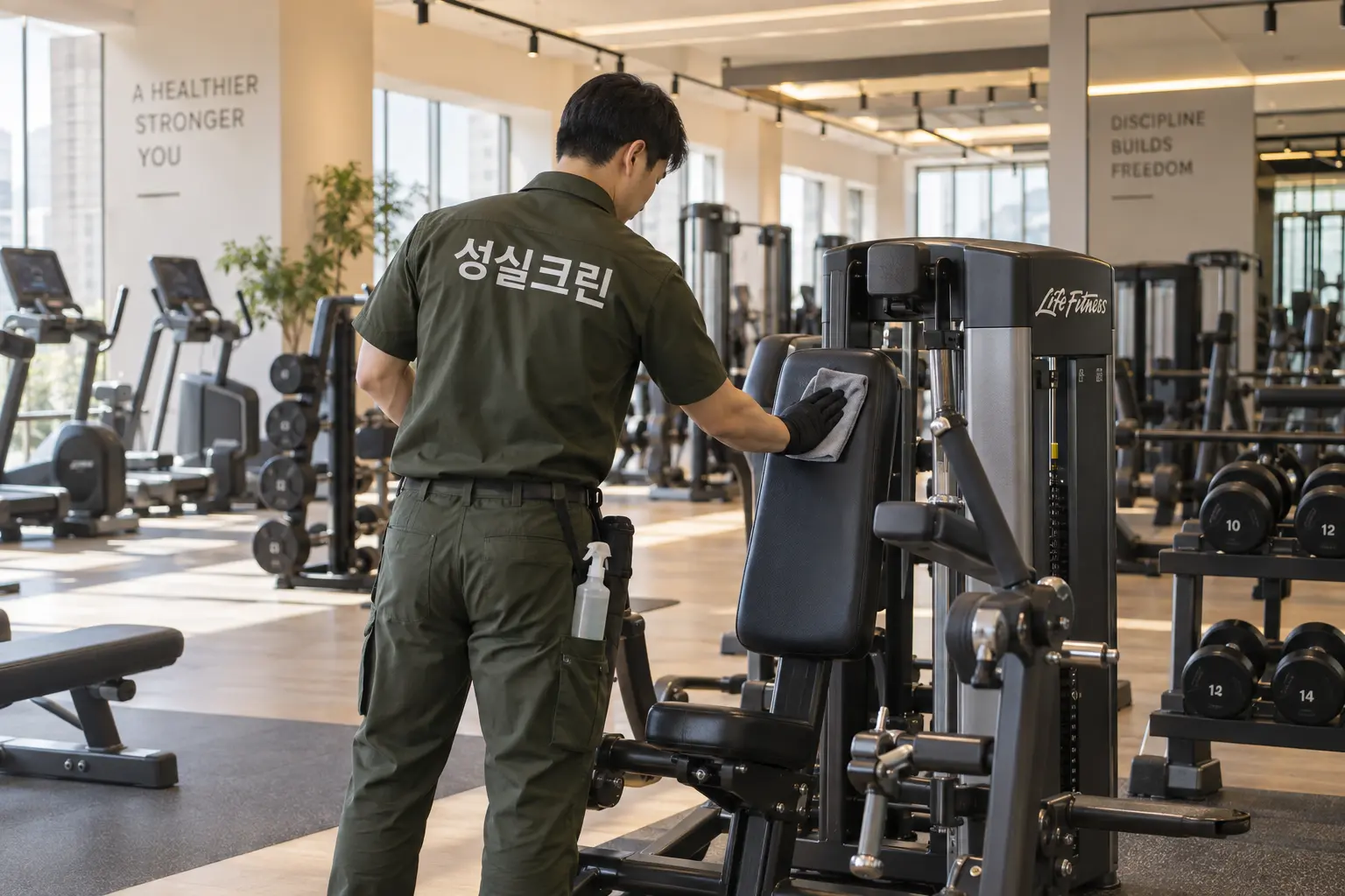 신안군 압해읍 휘트니스시설청소 현장에서 운동기구가 배치된 헬스장 바닥과 이동통로를 청소하는 장면