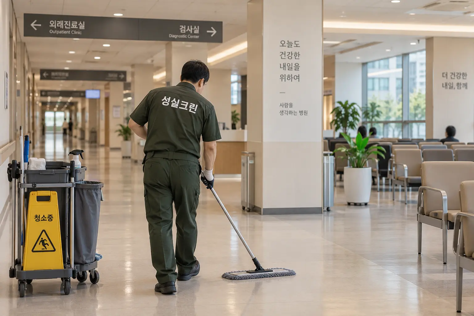 여수시 만덕동 병원청소 현장에서 진료실과 대기실로 이어지는 병원 복도의 바닥과 이동 동선을 관리하는 장면