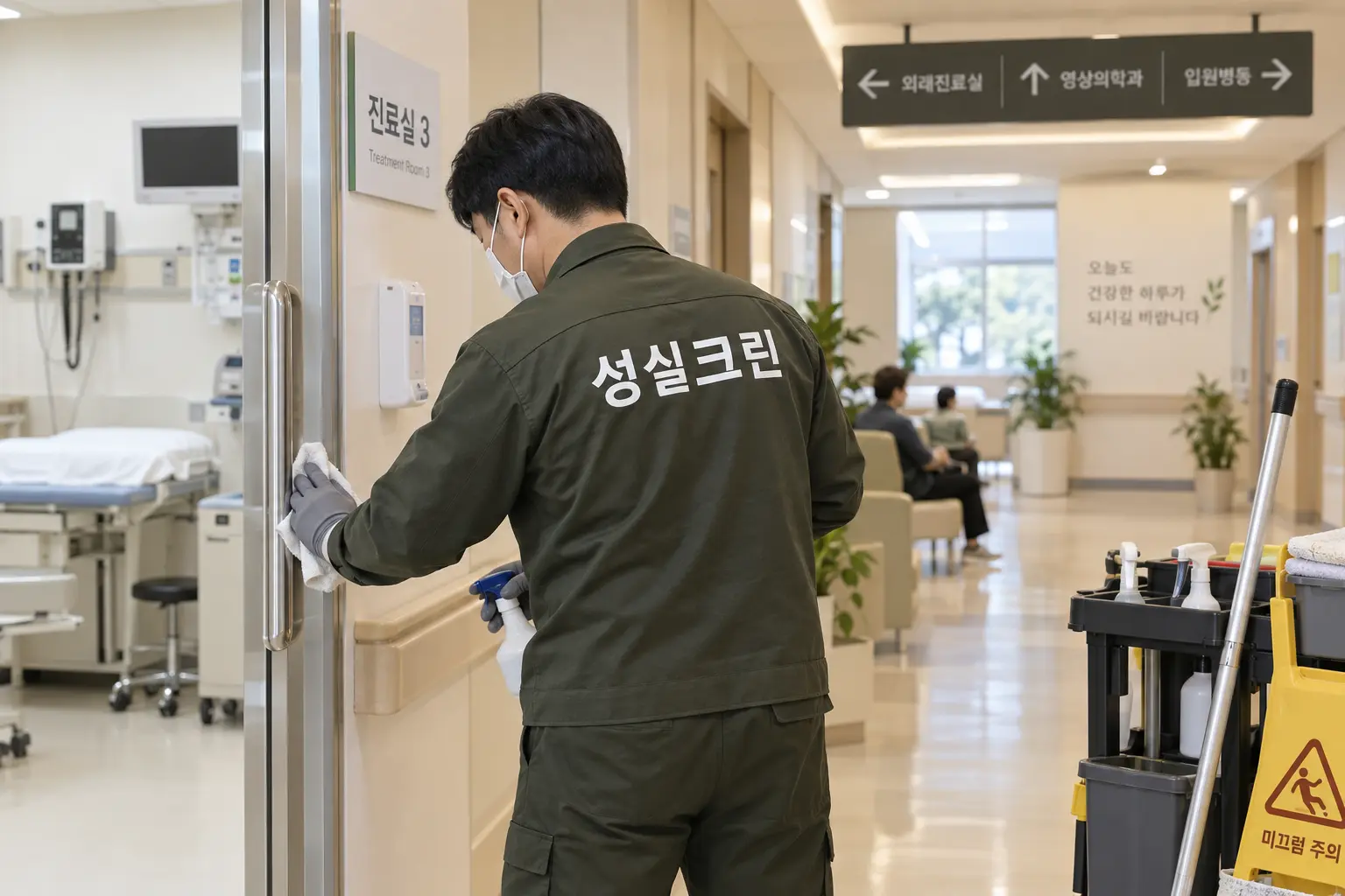 제주 병원청소 현장에서 접수대·대기의자처럼 환자와 보호자가 자주 접촉하는 표면을 구분 도구로 닦는 장면