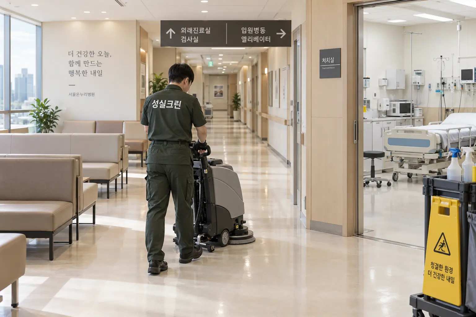제주 병원청소 현장에서 병원 복도 바닥을 저소음 장비로 세척하고 물기까지 회수하는 장면