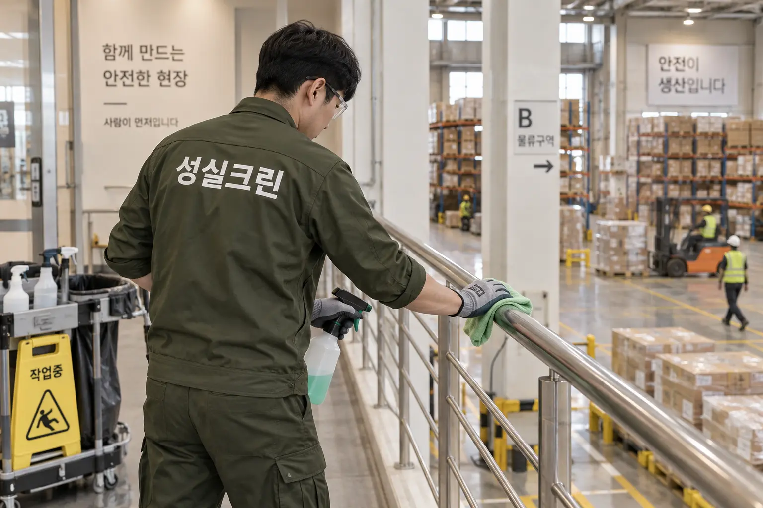청도군 산업단지청소 현장에서 적재구역·안전펜스·설비 외부의 산업분진을 세부적으로 제거하는 장면