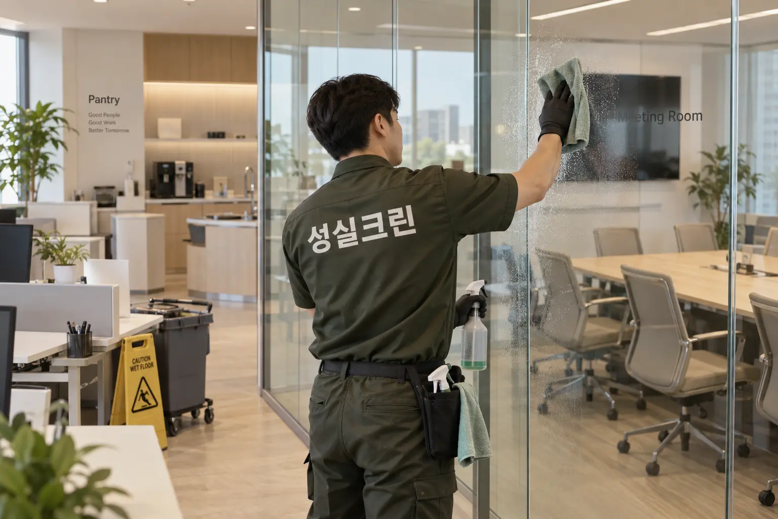 합천군 합천읍 사무실청소 현장에서 유리 파티션과 손이 자주 닿는 회의실 표면의 얼룩을 세부적으로 닦는 장면