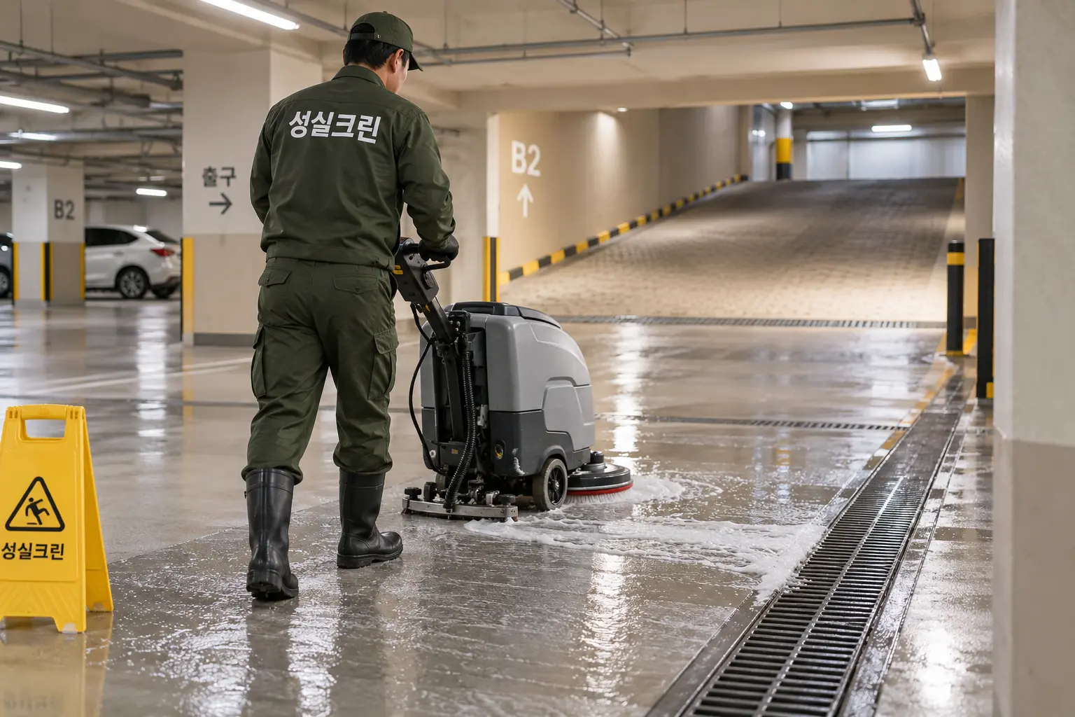 합천군 합천읍 주차장청소 현장에서 차량 동선을 구분한 뒤 넓은 주차장 바닥의 오염수를 장비로 회수하는 장면