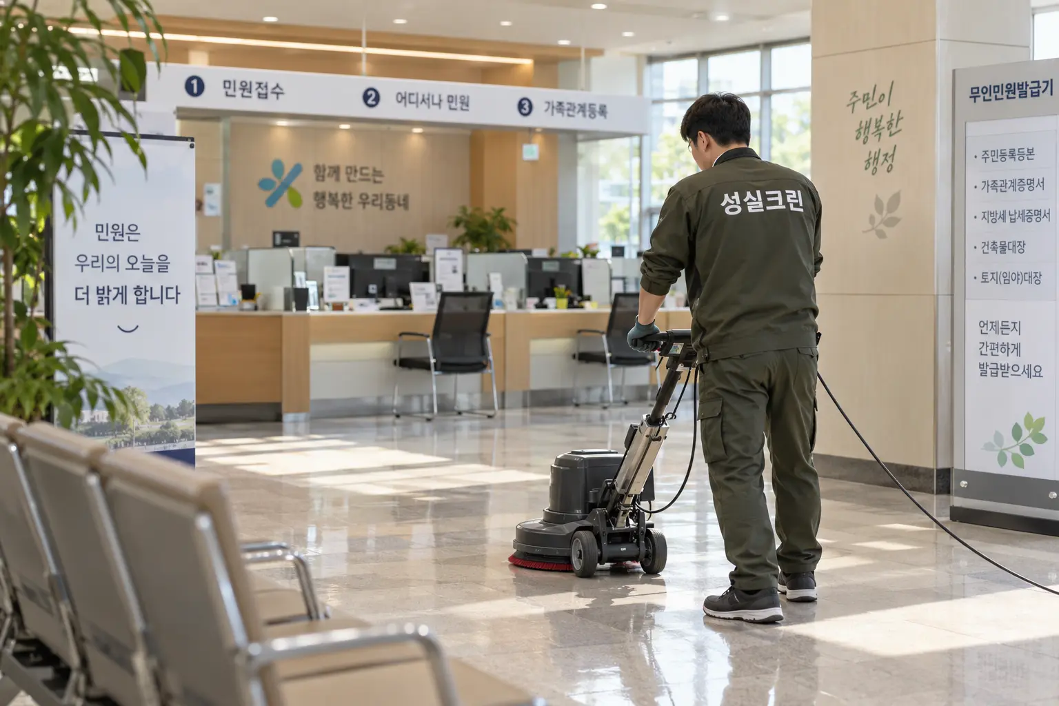 보성군 보성읍 관공서청소 현장에서 민원실과 안내창구가 있는 관공서 공용공간을 관리하는 장면