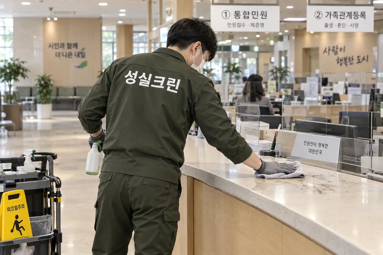 합천군 합천읍 관공서청소 현장에서 민원대·대기의자·출입문처럼 이용 빈도가 높은 접촉면을 닦는 장면