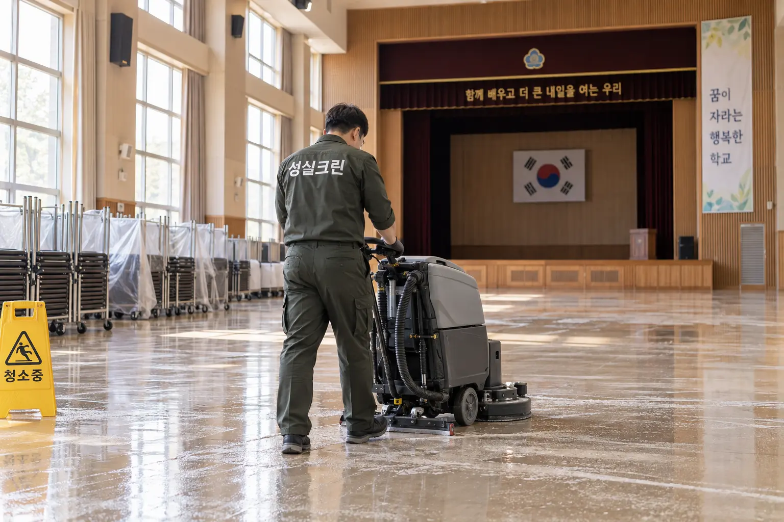 진도군 관공서 학교 청소 현장에서 학교 강당과 관공서 대형 공용공간을 휴관일에 집중 청소하는 장면