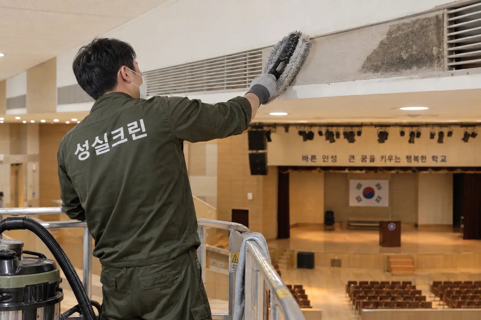 합천군 관공서 학교 청소 현장에서 의자·무대 주변·민원시설 접촉면을 구역별로 세부 관리하는 장면
