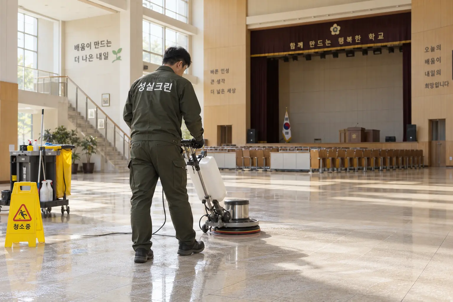 합천군 관공서 학교 청소 현장에서 넓은 홀과 복도 바닥을 장비로 세척해 재개방 전 상태를 정돈하는 장면