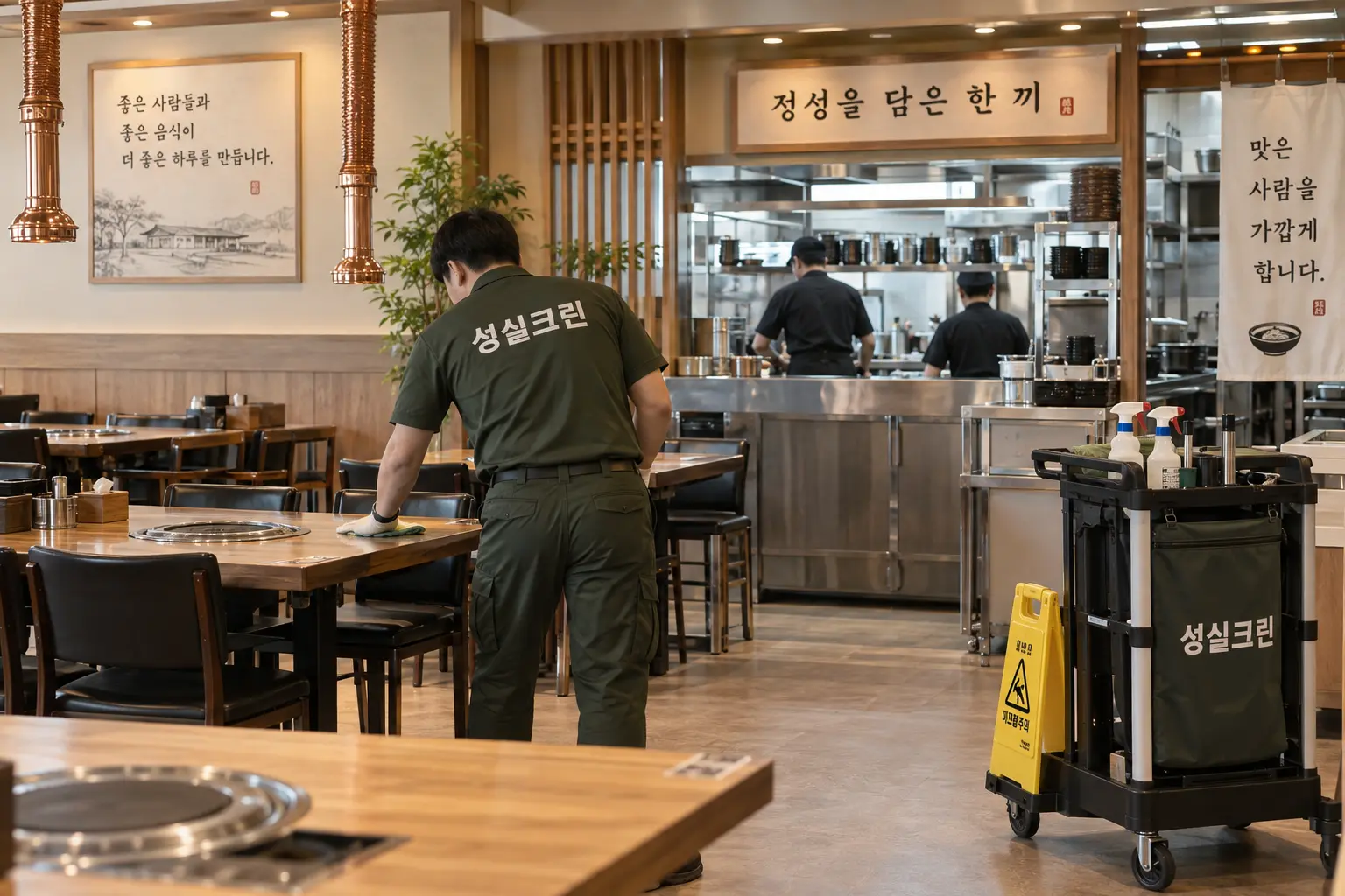 하동군 하동읍 식당청소 현장에서 식당 홀과 주방 출입구의 바닥 오염을 영업 전후로 관리하는 장면