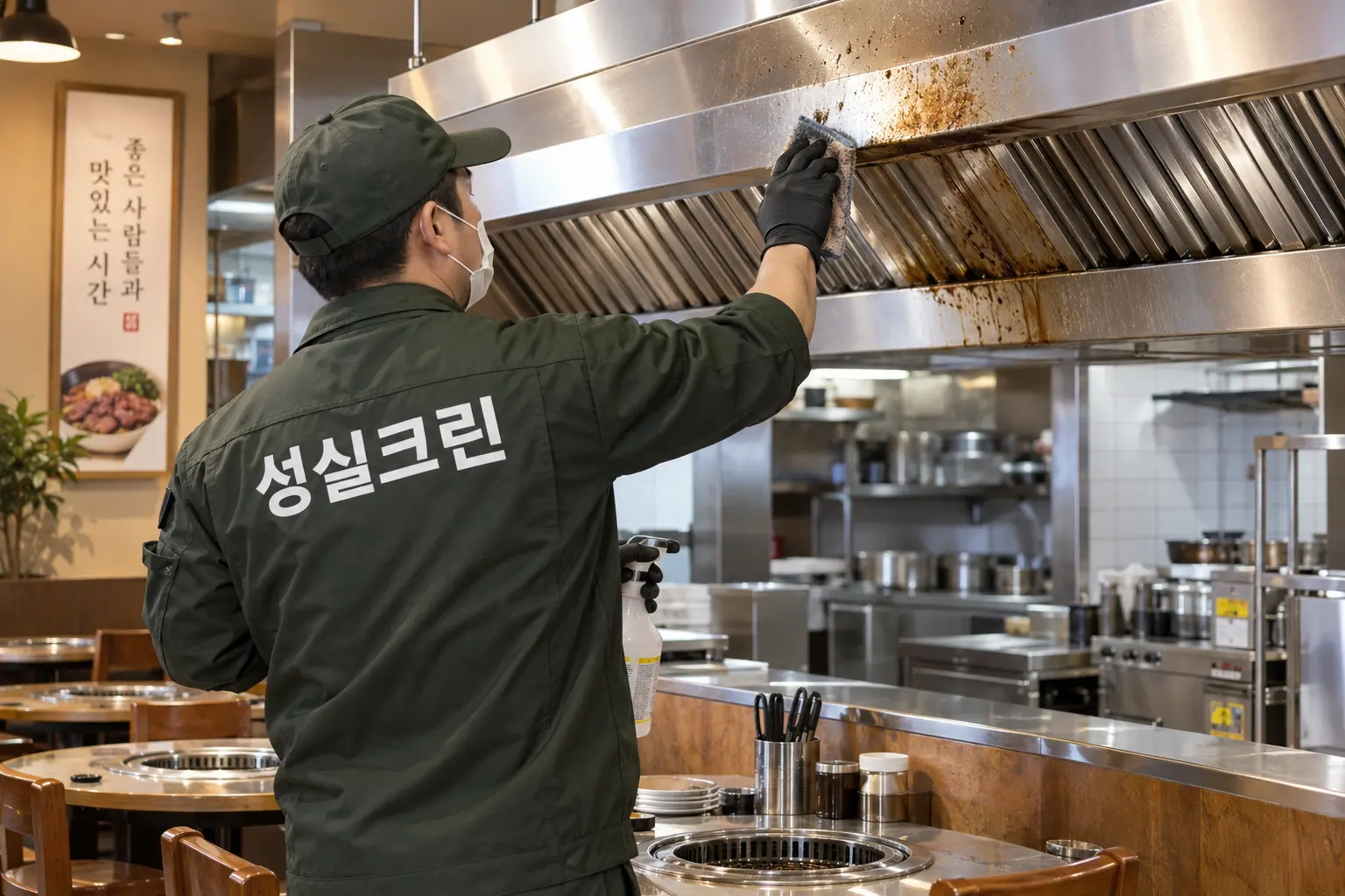 합천군 합천읍 식당청소 현장에서 테이블·집기 외부와 주방 작업대 주변의 음식물 흔적을 닦는 장면