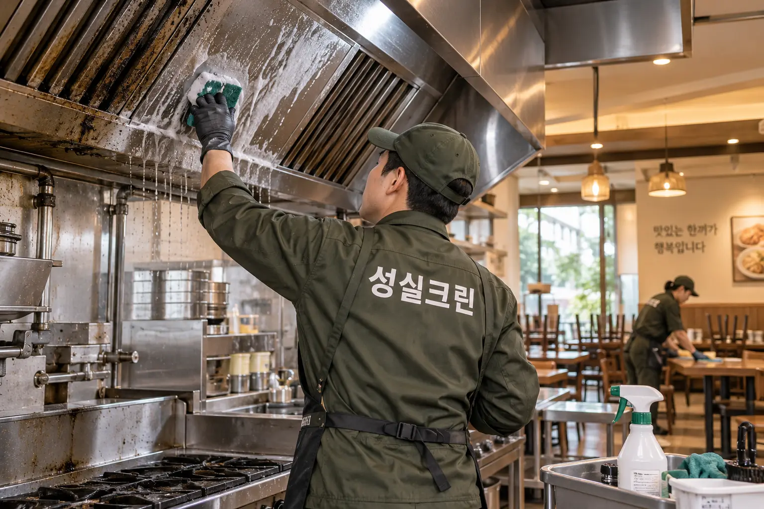 합천군 식당청소 현장에서 후드 외부·벽면·조리대 주변의 기름때를 전용 약제로 불려 닦는 장면