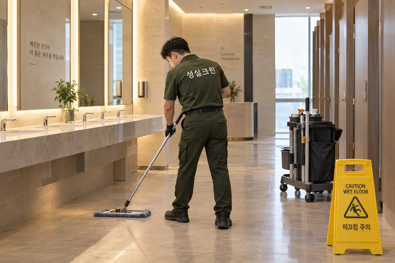 신안군 지도읍 화장실청소 현장에서 공용화장실의 세면대와 바닥을 구역 전용 도구로 세척하는 장면