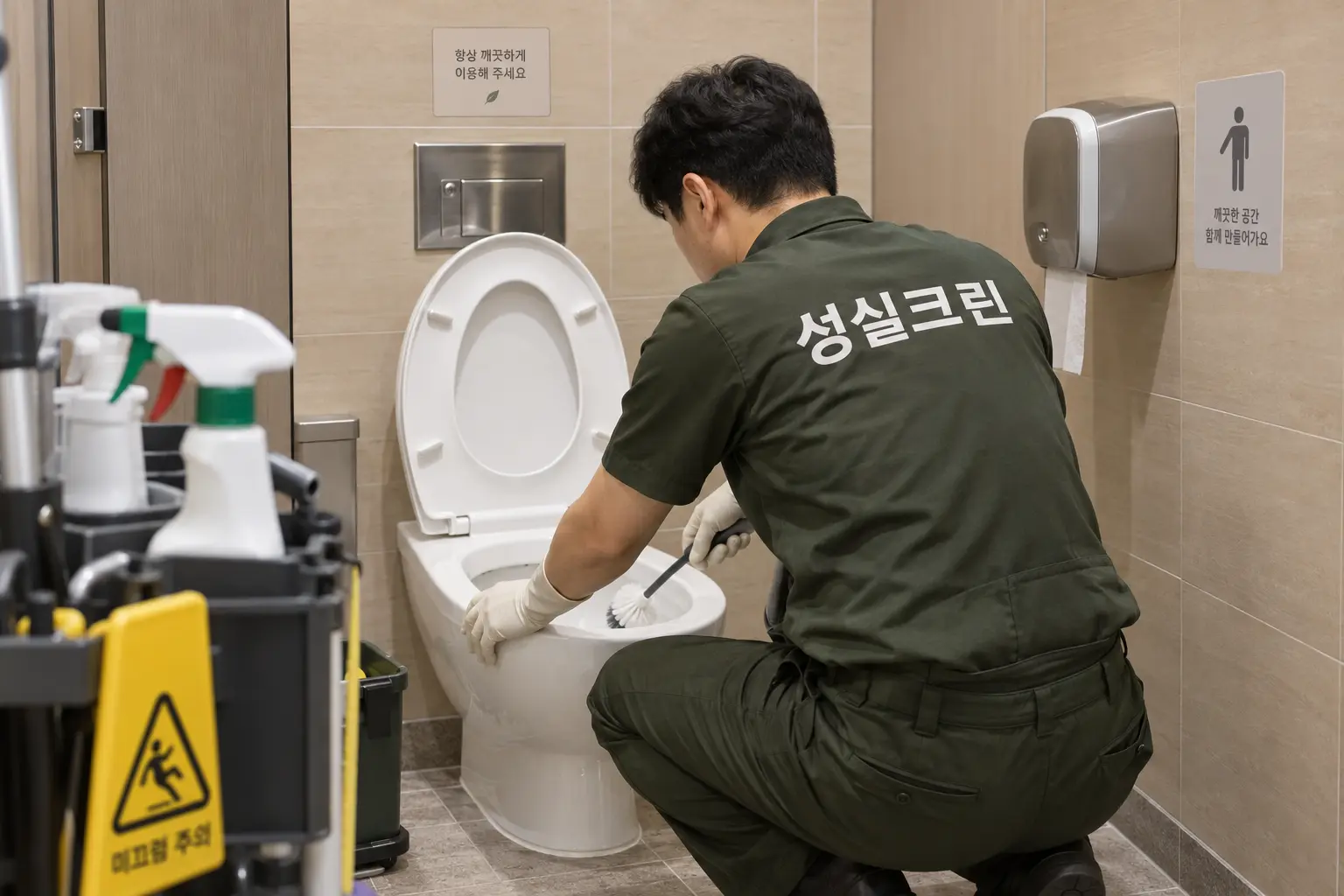 합천군 합천읍 화장실청소 현장에서 변기 안쪽과 림, 외부 표면을 전용 브러시와 위생도구로 꼼꼼히 세척하는 장면