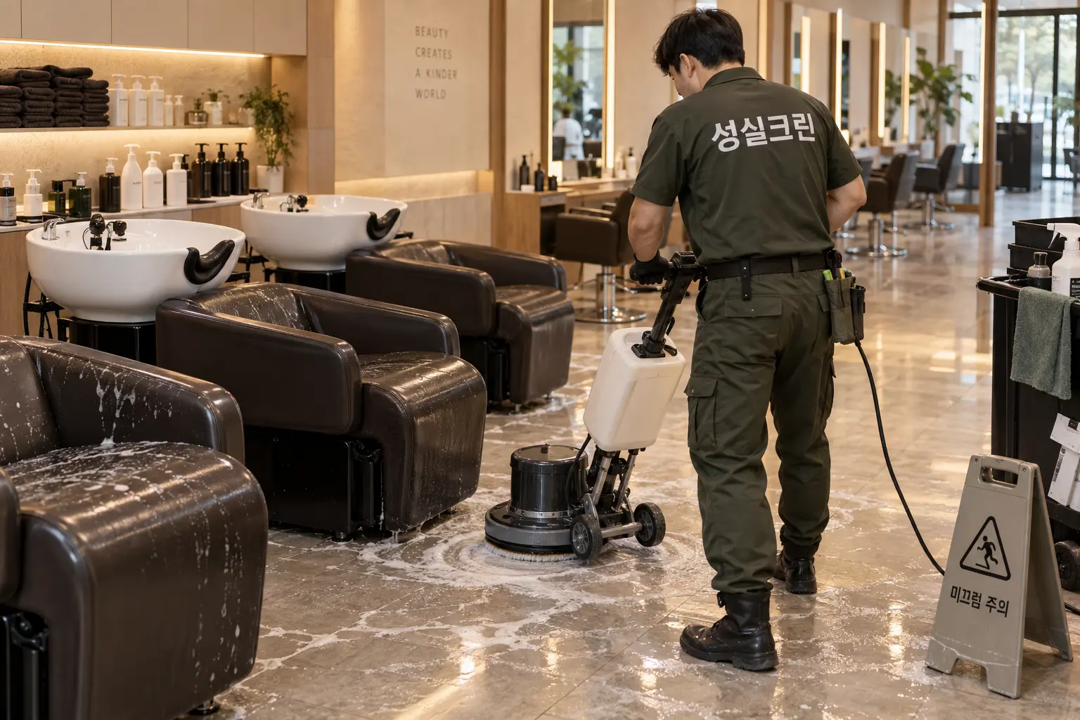 합천군 합천읍 미용실청소 현장에서 거울·의자·작업대에 남은 미세 모발과 제품 흔적을 닦는 장면
