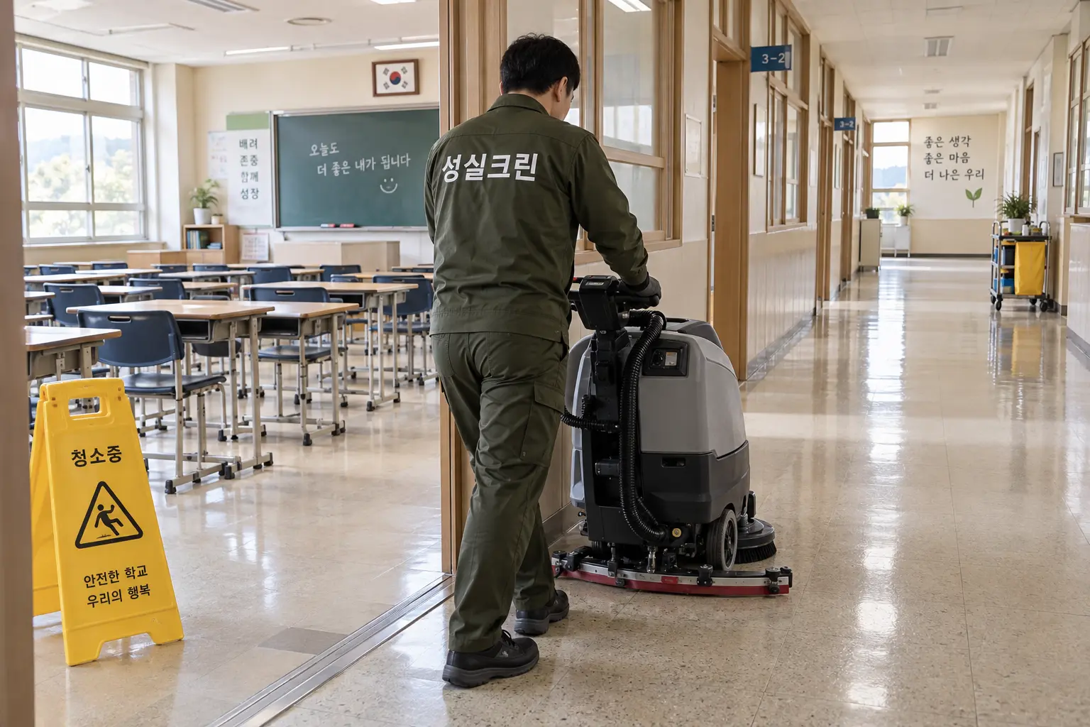 합천군 합천읍 학교청소 현장에서 교실과 공용복도를 장비로 세척하고 수업 전 건조 상태를 확인하는 장면