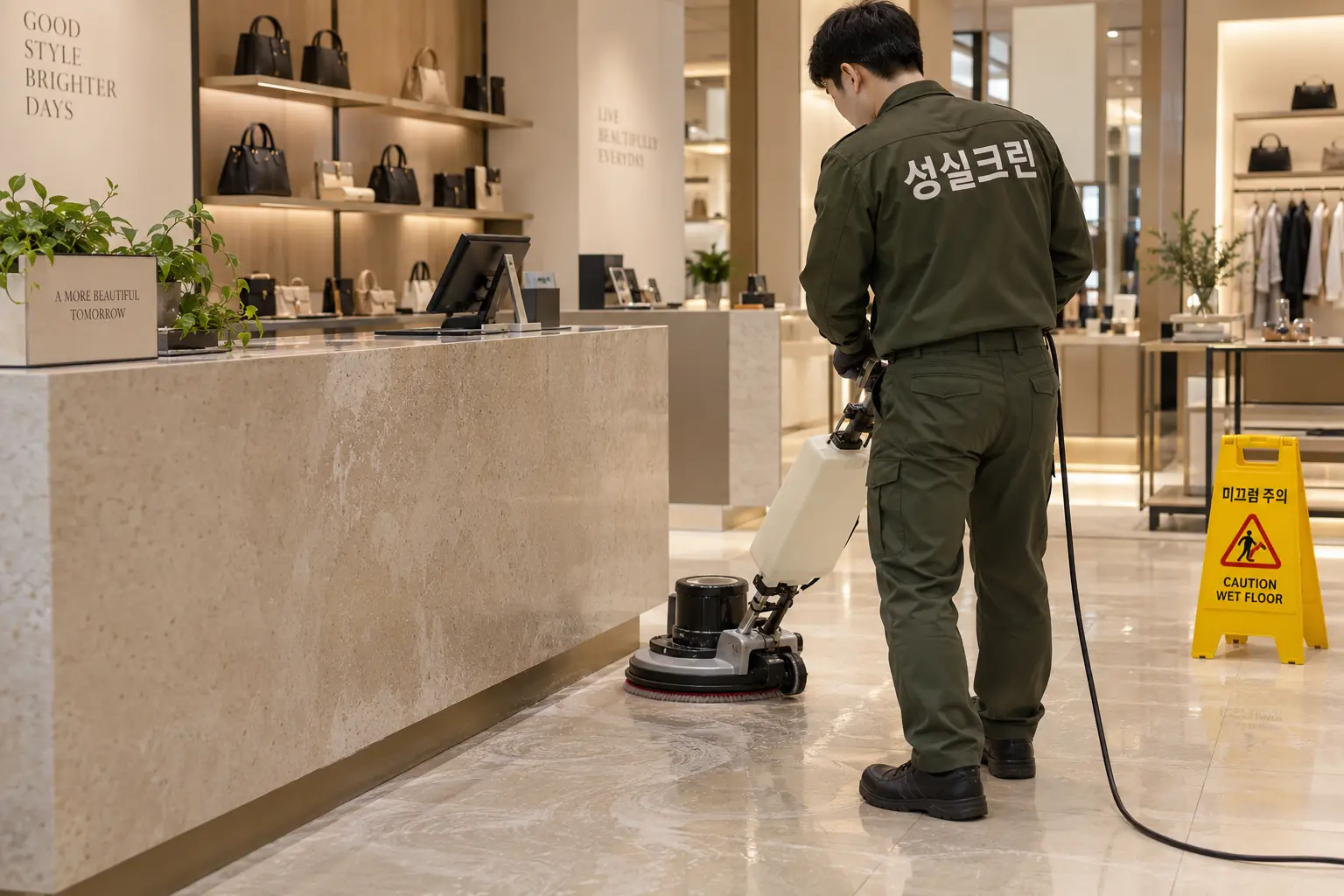 합천군 합천읍 매장청소 현장에서 상품 진열장·카운터·유리 표면의 먼지와 손자국을 닦는 장면