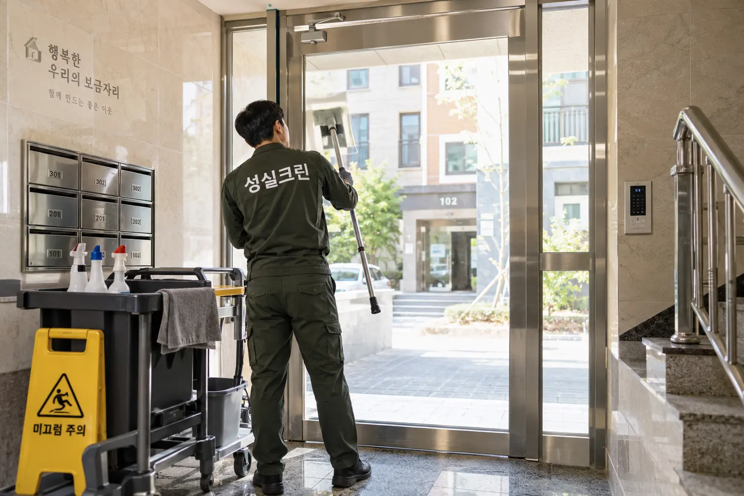 남해군 남해읍 빌라청소 현장에서 빌라 공동현관과 우편함 주변의 먼지와 바닥 오염을 정리하는 장면