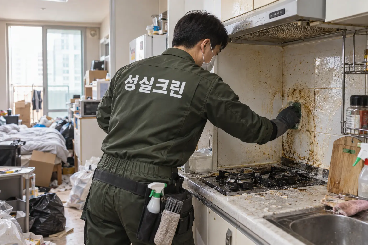 안동시 쓰레기집청소 안동시 쓰레기집청소 유품정리 고독사정리 현장에서 주방과 생활공간에 남은 오염을 보호장비와 전용도구로 제거하는 장면